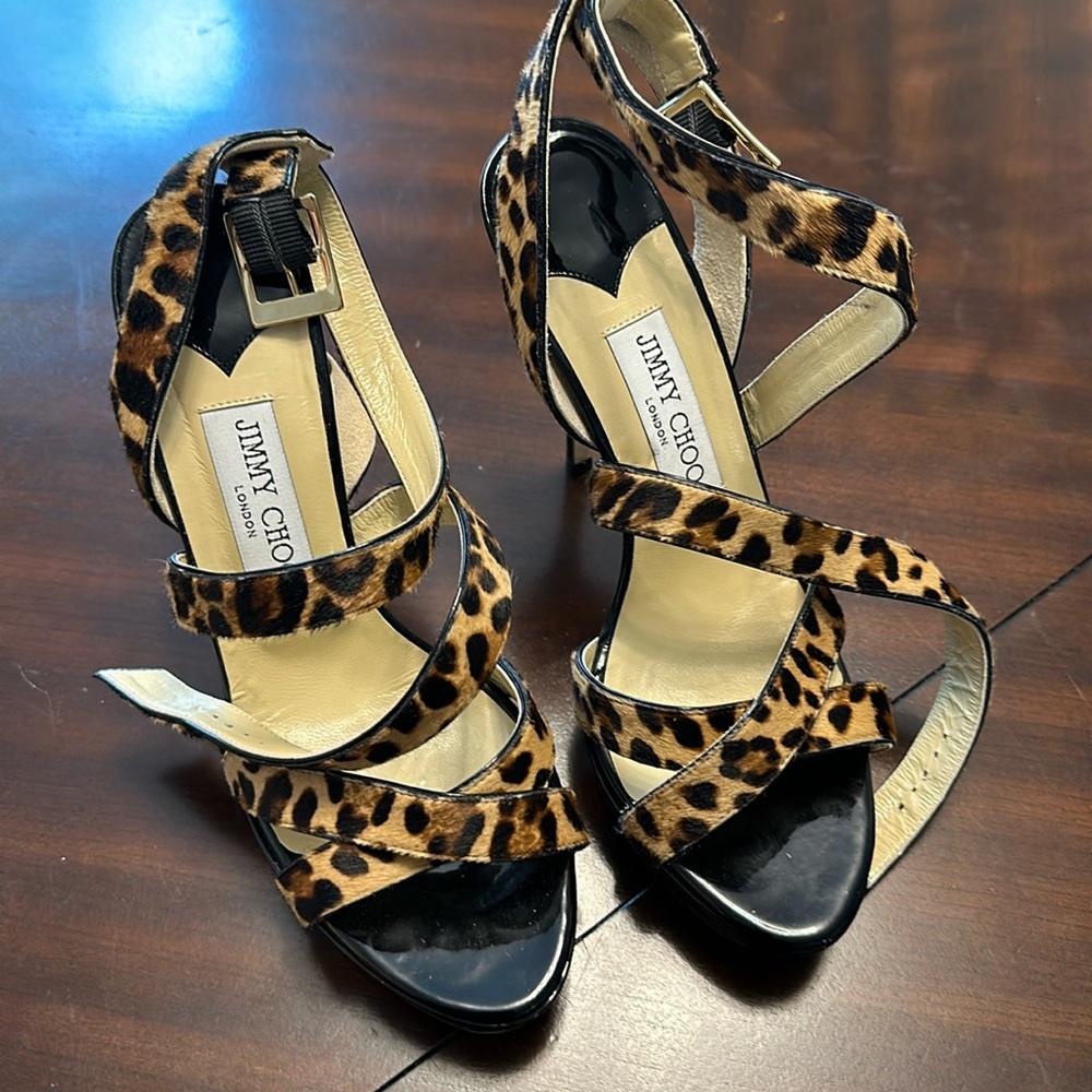Jimmy Choo Multicolor Leopard Print Pony Platform Strappy Heels Size